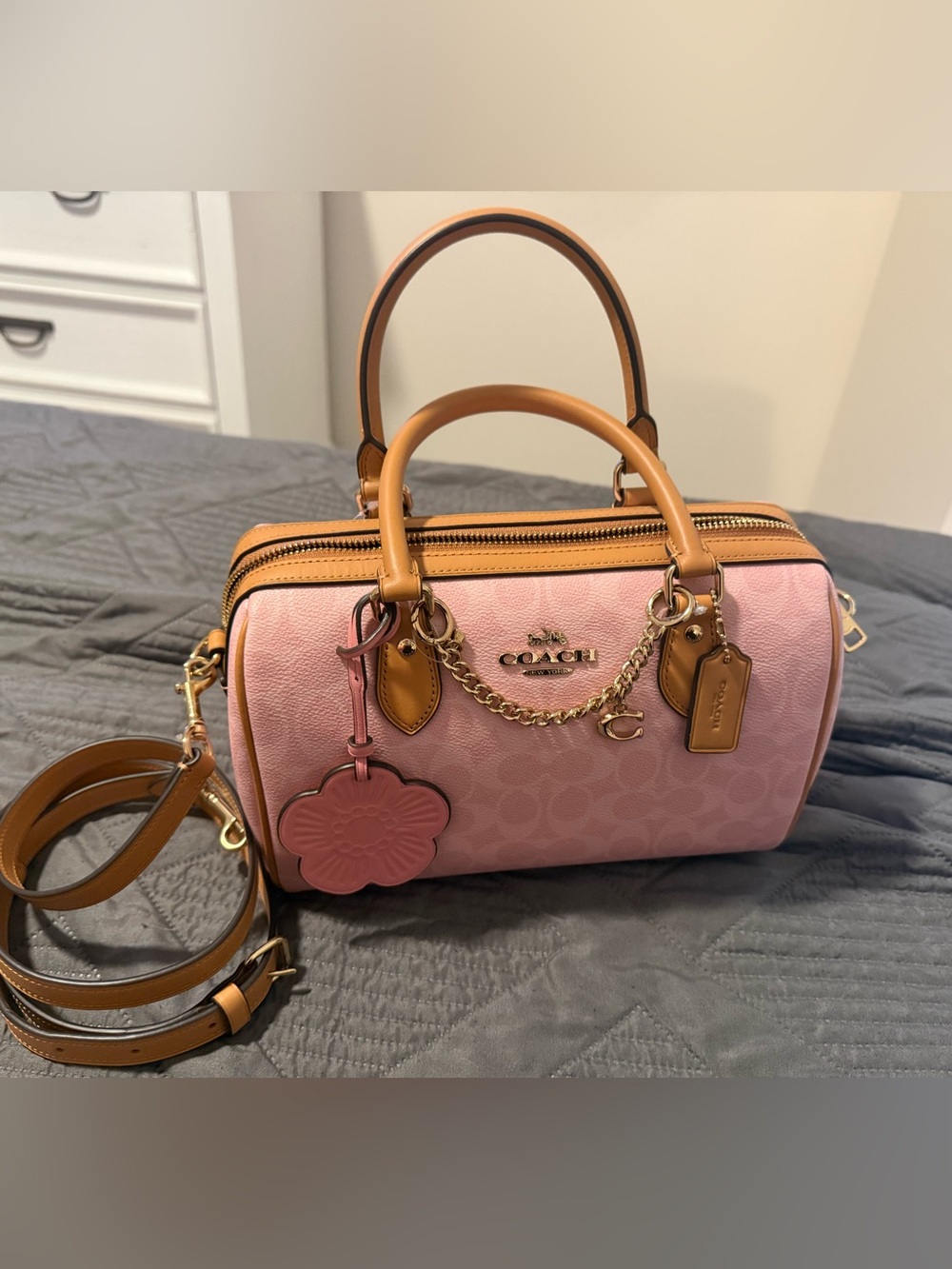 NWT Coach POWDER PINK medium Rowan In Signature Canvas With Charms